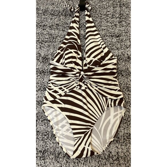 Tommy Bahama Womens Size 10 Brown Zebra Print Swimsuit Halter One Piece Ruched - Picture 1 of 8